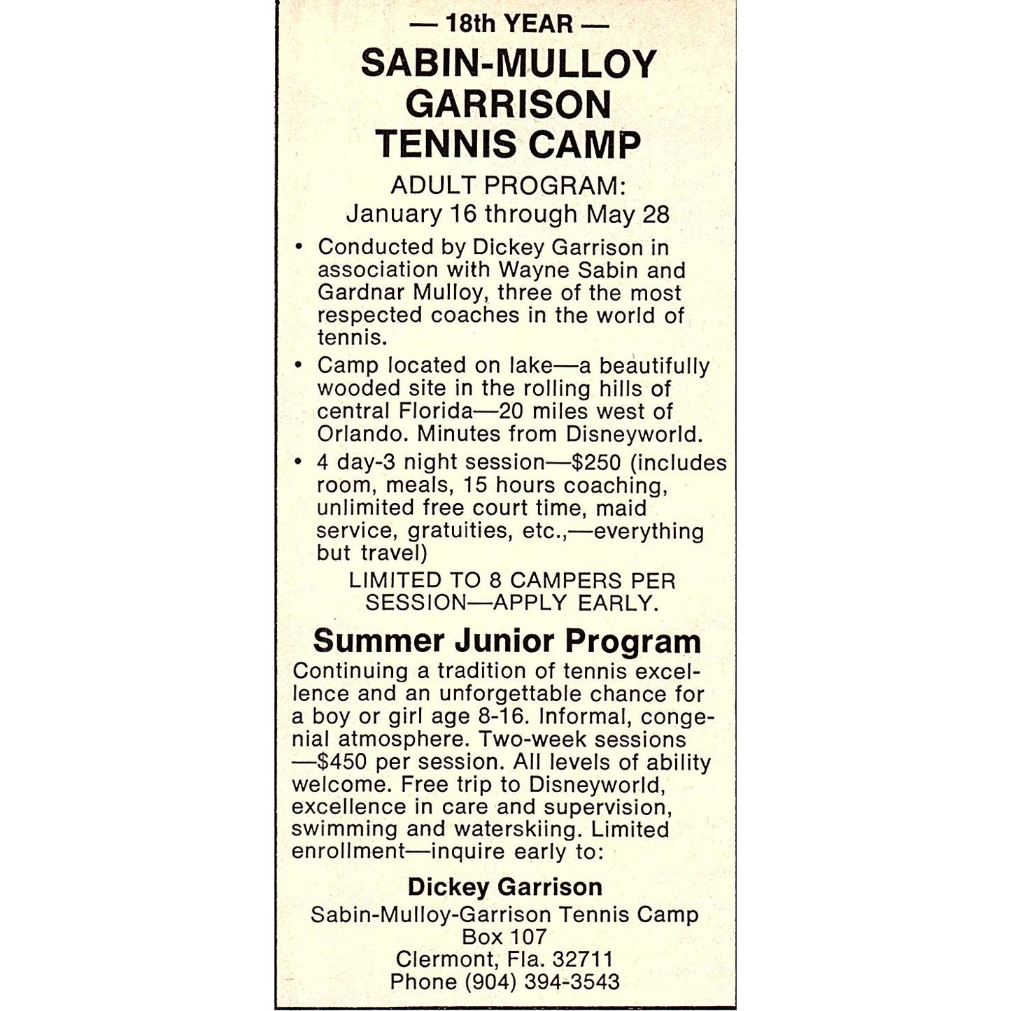 Sabin-Mulloy Garrison Tennis Camp Clermont FL Dickey Garrison 1977 Ad AF3-Q2