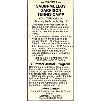 Sabin-Mulloy Garrison Tennis Camp Clermont FL Dickey Garrison 1977 Ad AF3-Q2
