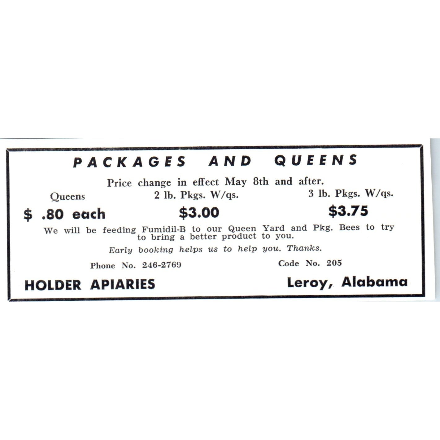 Packages & Queens Holder Apiaries Leroy Alabama 1964 Magazine Ad AB6-LB