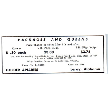 Packages & Queens Holder Apiaries Leroy Alabama 1964 Magazine Ad AB6-LB