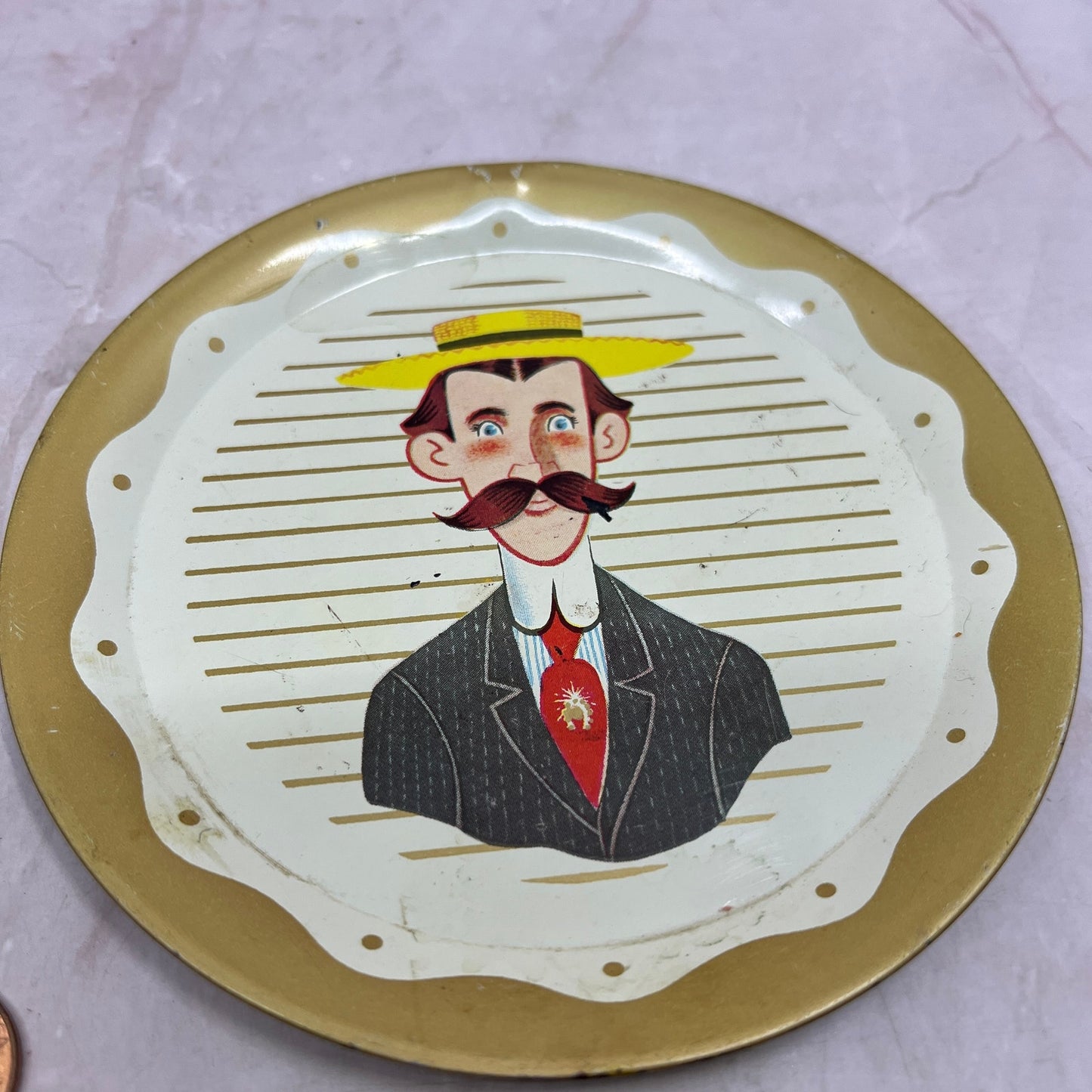 Retro Kitsch Tin Copper plates Victorian Man & Woman Handlebar Mustache 5" SF4