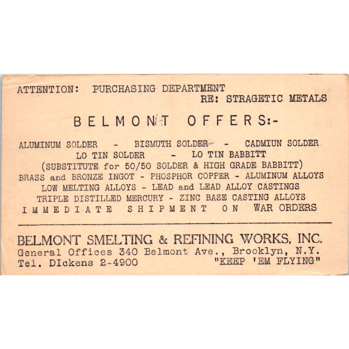 1942 Belmont Smelting & Refining Works Brooklyn WWII Postal Mailing Card PE7