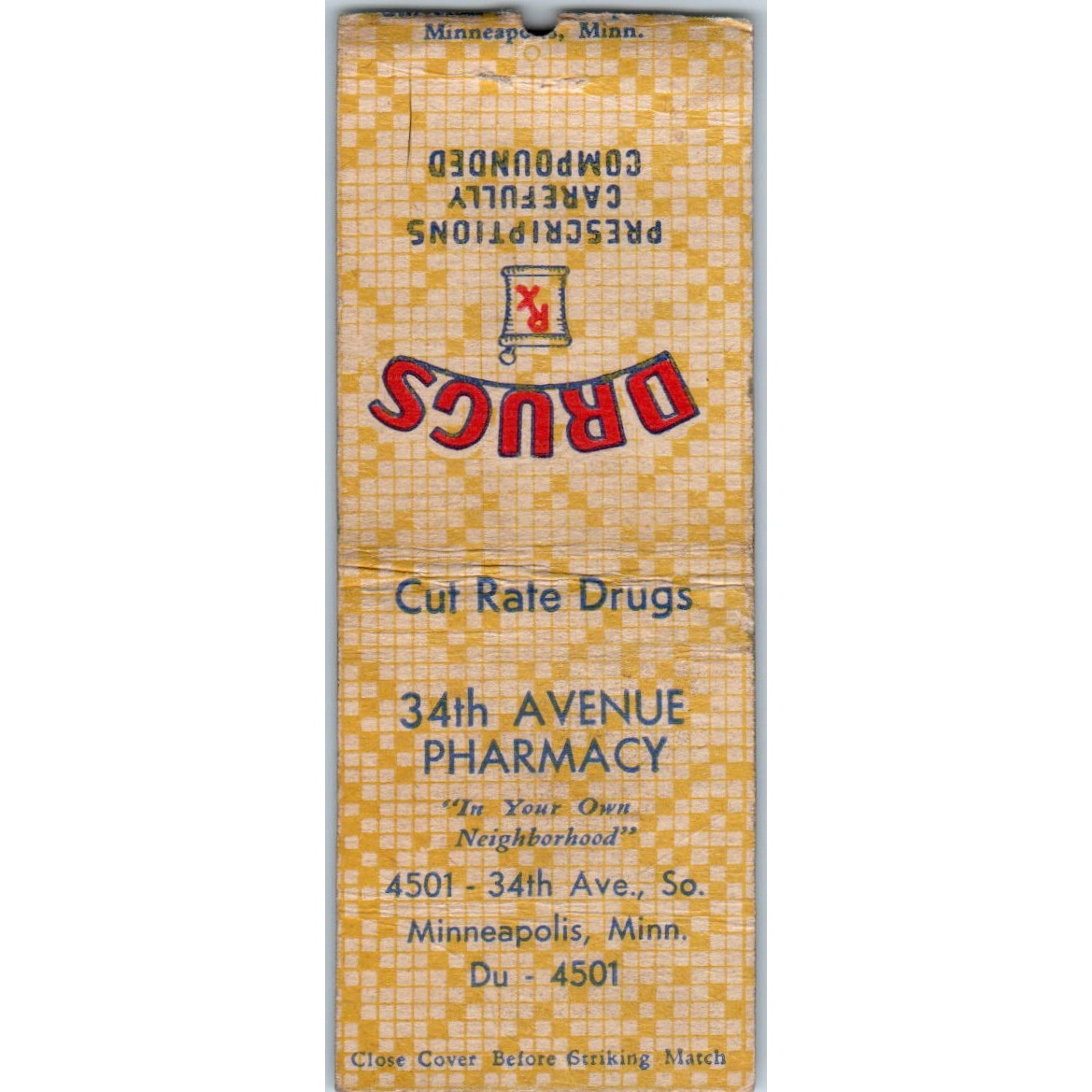 34th Avenue South Pharmacy Minneapolis MN Vintage Matchbook Cover SD2-Y13