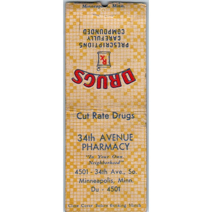 34th Avenue South Pharmacy Minneapolis MN Vintage Matchbook Cover SD2-Y13