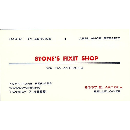 Stone's Fixit Shop Bellflower CA Vintage Business Card SSB4-B12