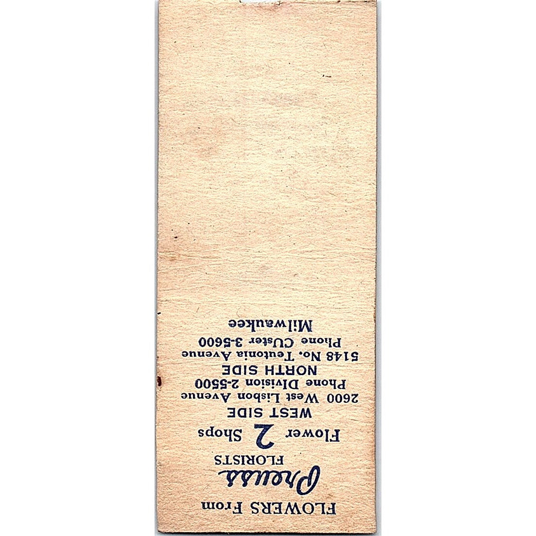 Preuss Florists Milwaukee WI Vintage Matchbook Cover SF3-Y4