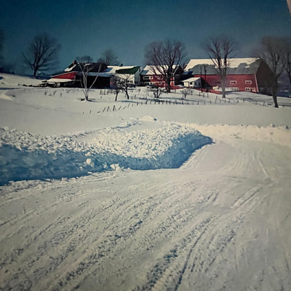 New England Red Farmstead Winter Scene 12x16" Art Print FL1