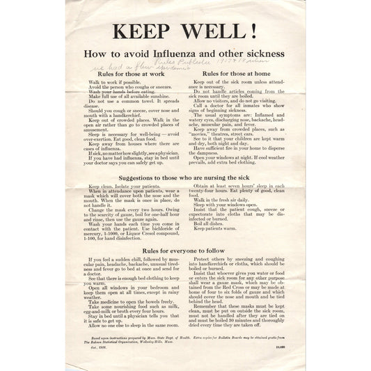 1918 Original Spanish Flu Influenza Warning and Safety Bulletin D23