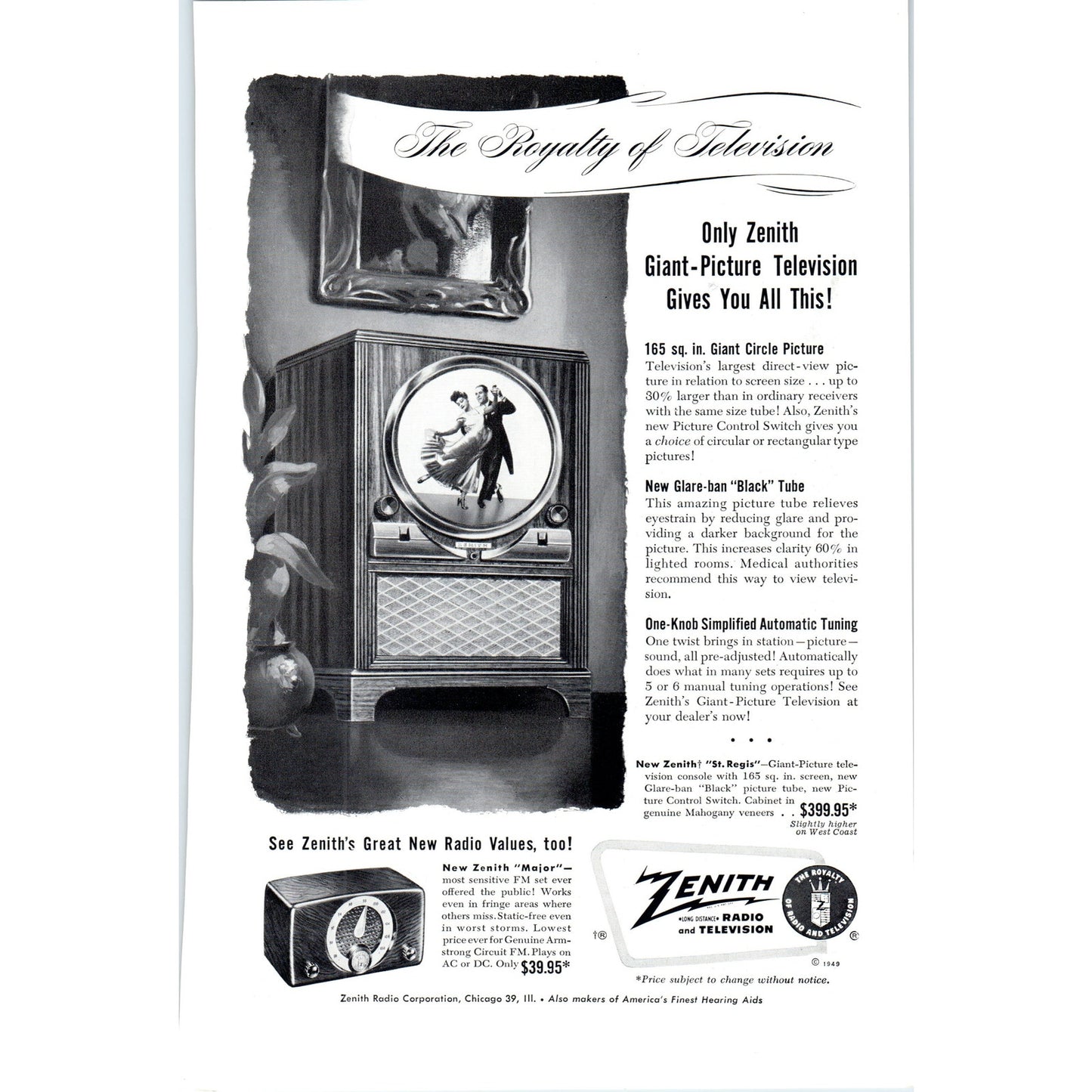 Zenith Giant-Picture Television TV Teleset - Vintage Magazine Ad D20