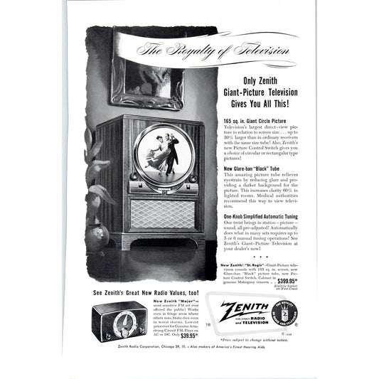 Zenith Giant-Picture Television TV Teleset - Vintage Magazine Ad D20