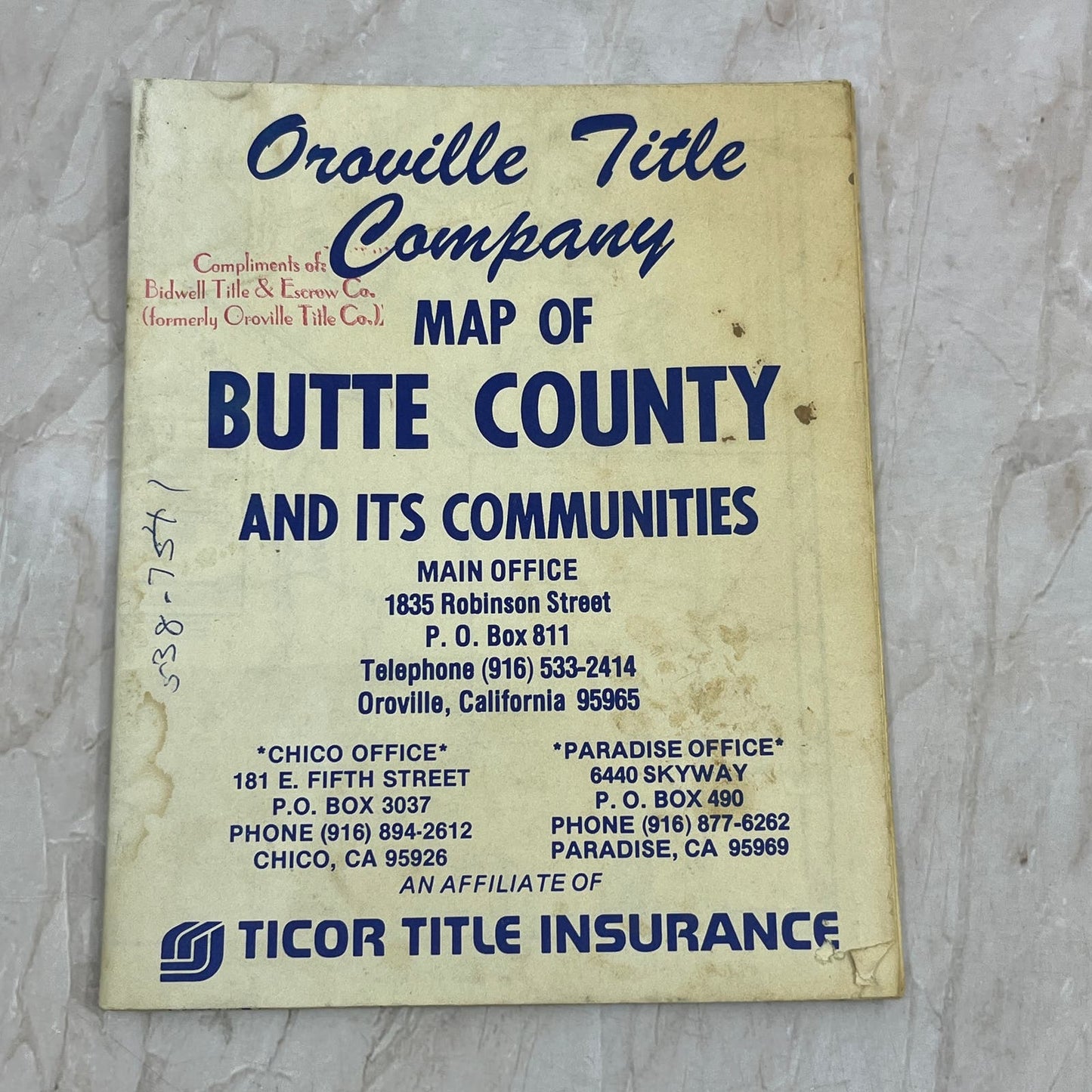 1986 Oroville Title Company Map of Butte County CA Fold Out Map TG9-E2