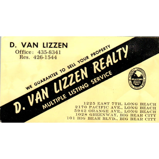 D. Van Lizzen Realty Long Beach, Big Bear City CA Vintage Business Card SD4-B5