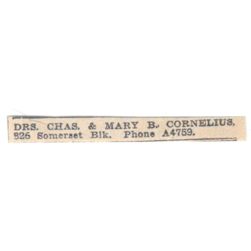 Drs. Chas & Mary B Cornelius 826 Somerset Block Winnipeg 1920 Ad AG2-S10