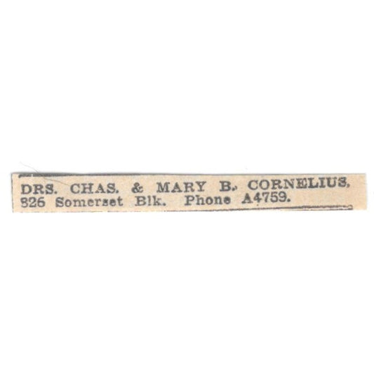 Drs. Chas & Mary B Cornelius 826 Somerset Block Winnipeg 1920 Ad AG2-S10