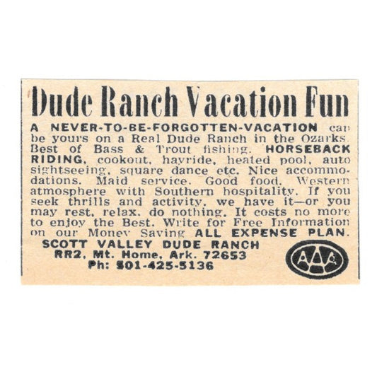 Scott Valley Dude Ranch Mt. Home Arkansas 1977 Ad AF6-S3