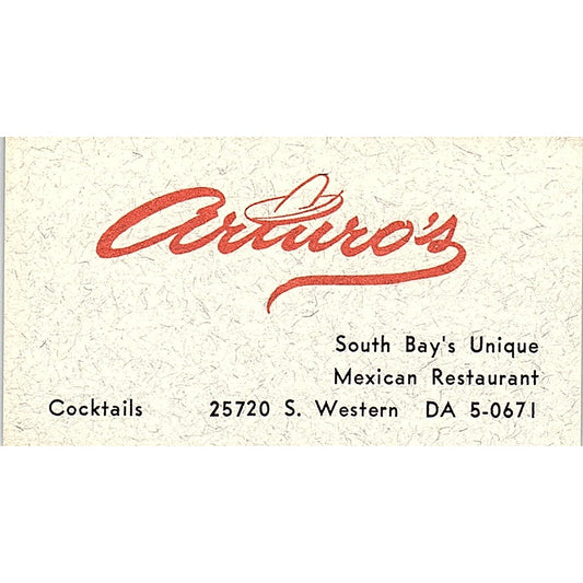 Arturo's South Bay Mexican Restaurant Vintage Business Card SD9-B8