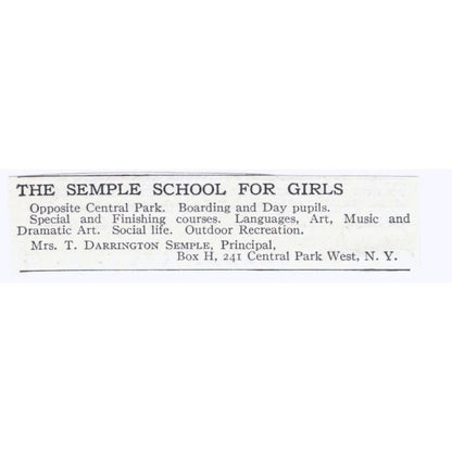 Mrs. T. Darrington Semple School for Girls NY c1918 Advertisement AE5-SA7
