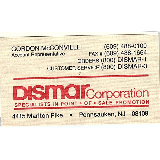 Dismar Corporation Gordon McConville Pennsauken NJ Vintage Business Card SD9-B13