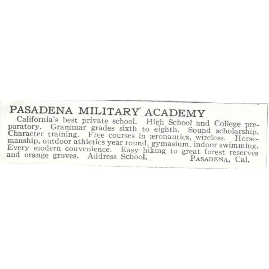 Pasadena Military Academy CA c1918 Original Advertisement AE5-SV3