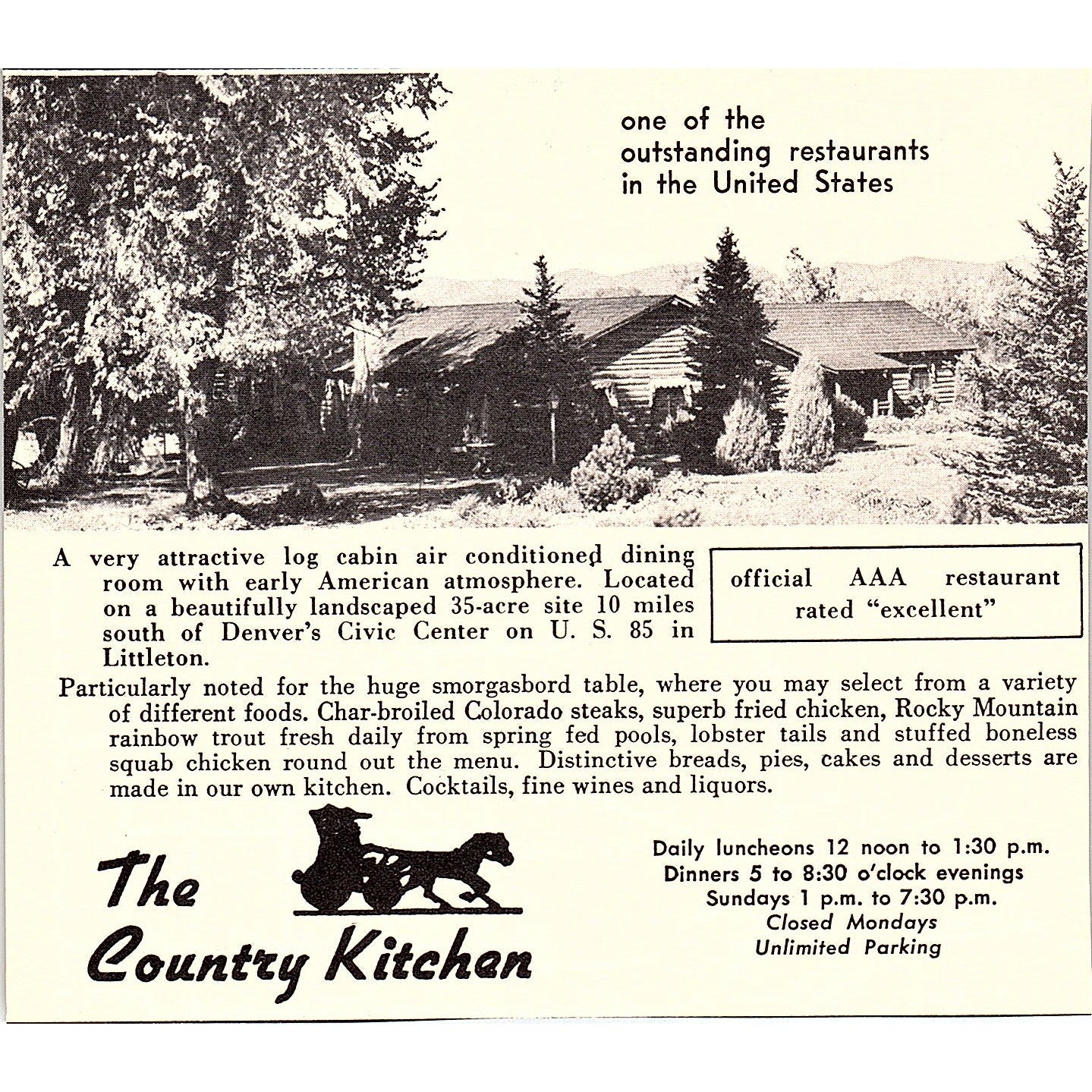 The Country Kitchen Log Cabin Restaurant Littleton CO 1958 Ad AG1-H3