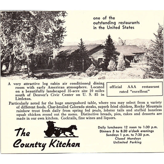 The Country Kitchen Log Cabin Restaurant Littleton CO 1958 Ad AG1-H3