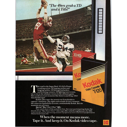 Kodak Video Cassette T-120 Dwight Clark The Catch 49ers 1984 Ad AF8-4