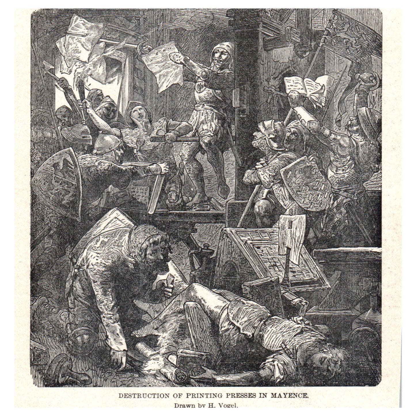 Destruction of Printing Presses in Mayence H. Vogel 1911 Engraving Print AF5-7