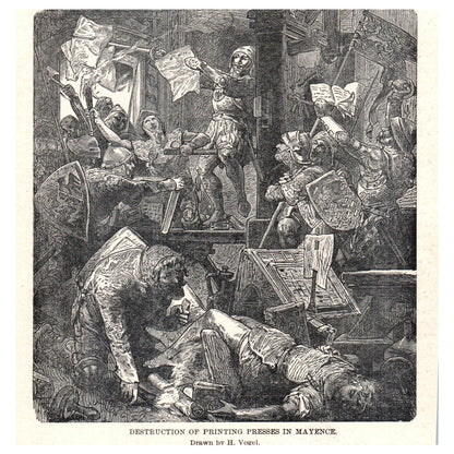 Destruction of Printing Presses in Mayence H. Vogel 1911 Engraving Print AF5-7