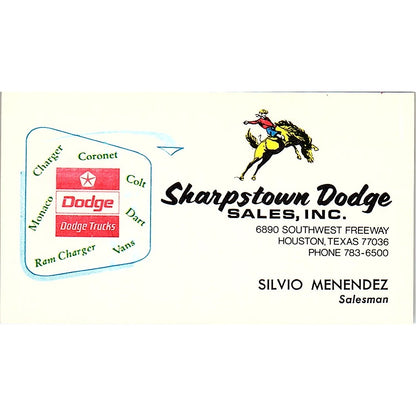 Silvio Menendez Sharpstown Dodge Sales Inc Houston Vintage Business Card SD9-B6