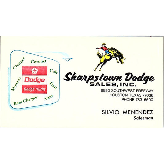 Silvio Menendez Sharpstown Dodge Sales Inc Houston Vintage Business Card SD9-B6