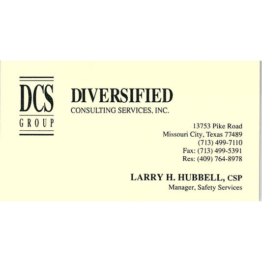 Diversified Consulting Larry H Hubbell Missouri City TX Business Card SD9-B12