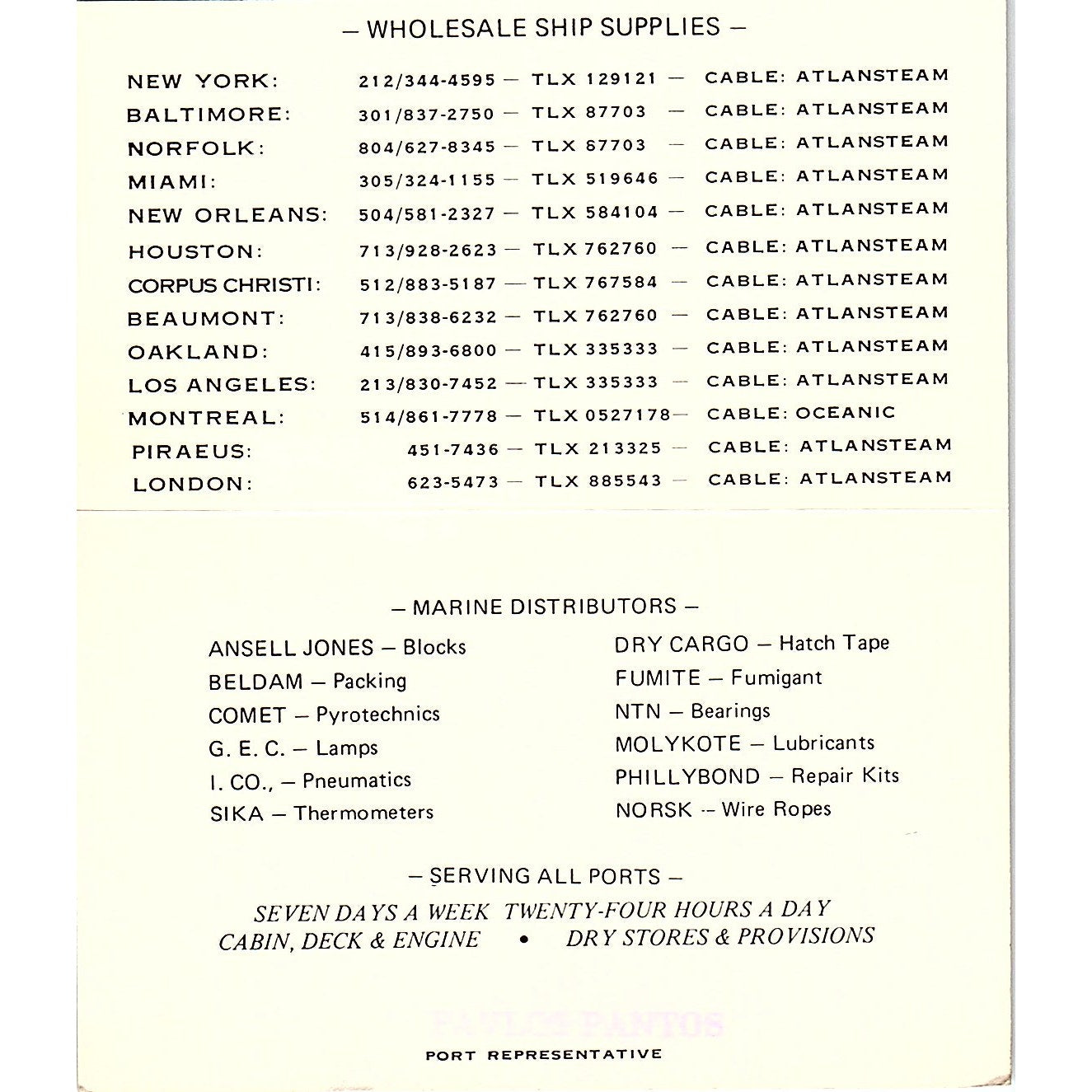 Atlantic Steamers Supply Co Corpus Christi Pavlos Pantos Business Card TH2-B2