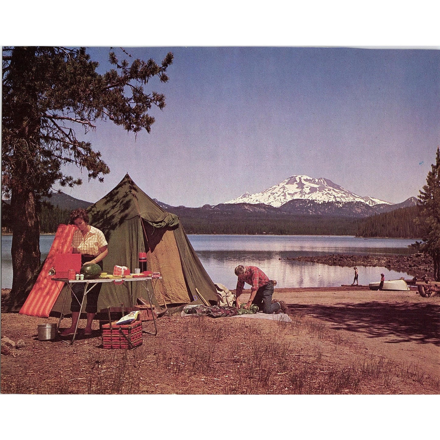 Retro Kitsch 1971 Mt. Hood Cascade Lake OR Camping Scene Vtg Art Print 8x10 V6