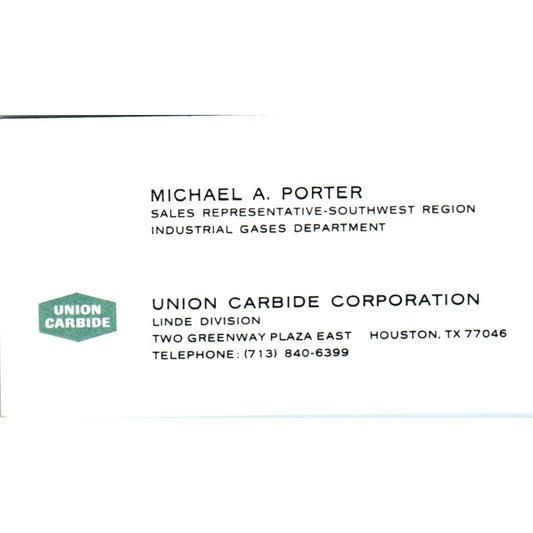 Michael A Porter Union Carbide Corp Houston TX Vintage Business Card SE3-B10