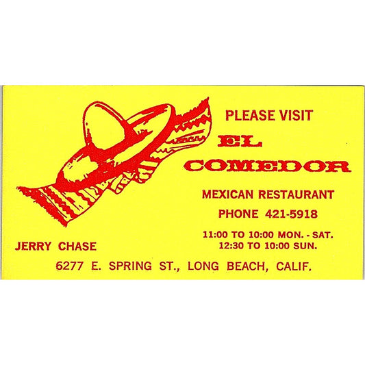Jerry Chase El Comedor Mexican Restaurant Long Beach Vtg Business Card SD9-B11