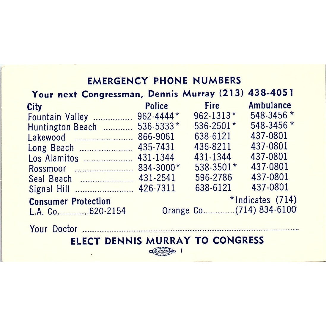 Elect Dennis Murray To U.S. Congress California Vintage Business Card SF3-B3