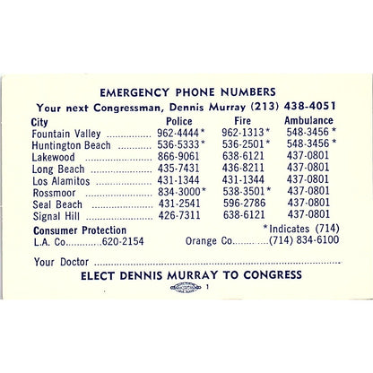 Elect Dennis Murray To U.S. Congress California Vintage Business Card SF3-B3