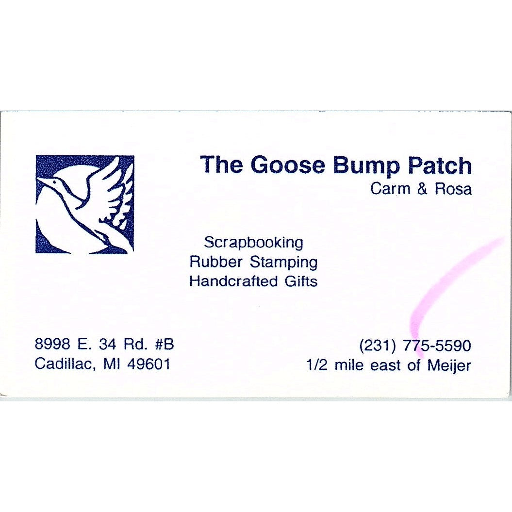 The Goose Bump Patch Carm & Rosa Cadillac MI Vintage Business Card SC9-B10