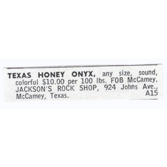 Texas Honey Onyx - Jackson's Rock Shop McCamey TX 1964 Magazine Ad AK6-S8