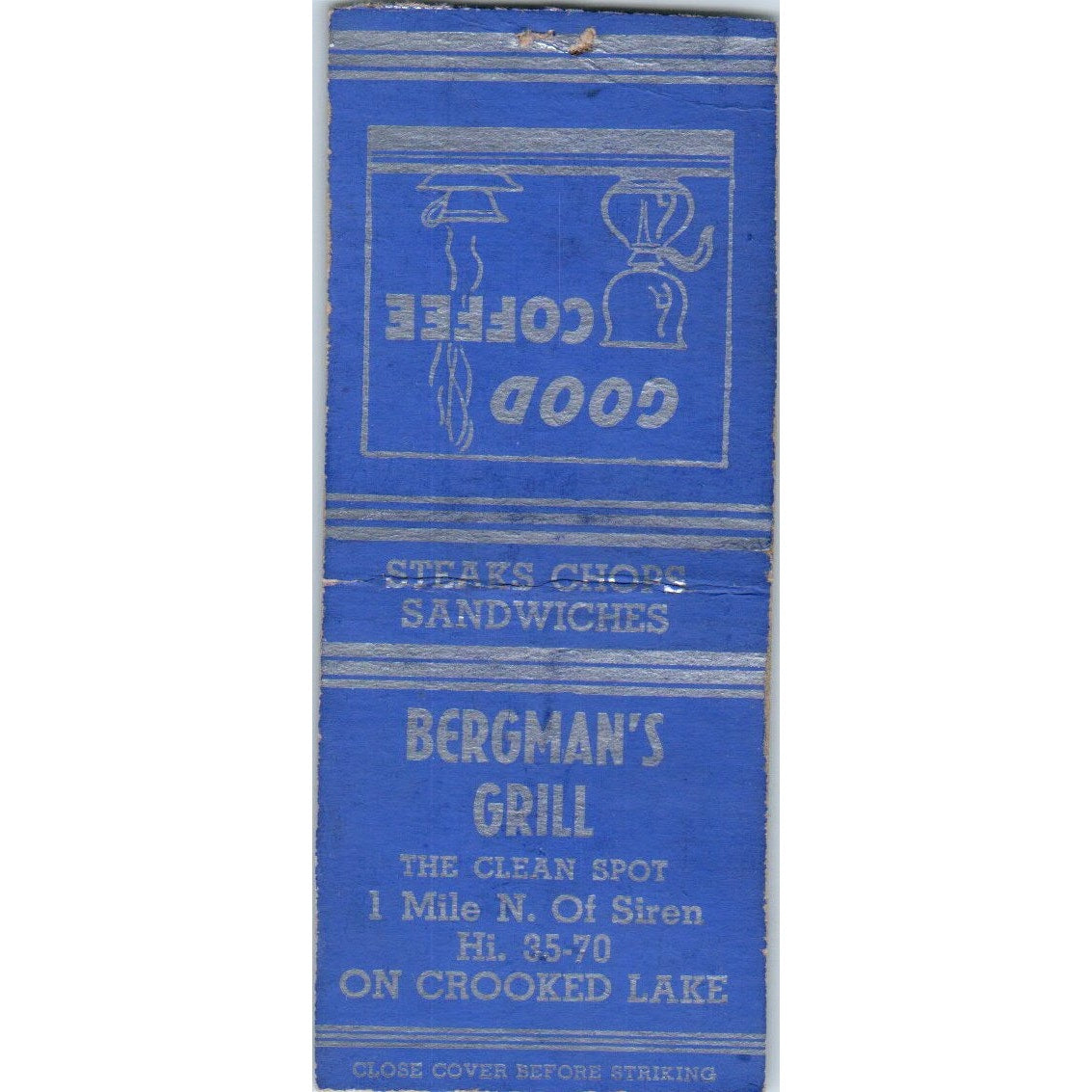 Bergman's Grill on Crooked Lake Siren WI Vintage Matchbook Cover SD2-Y5