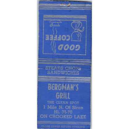 Bergman's Grill on Crooked Lake Siren WI Vintage Matchbook Cover SD2-Y5