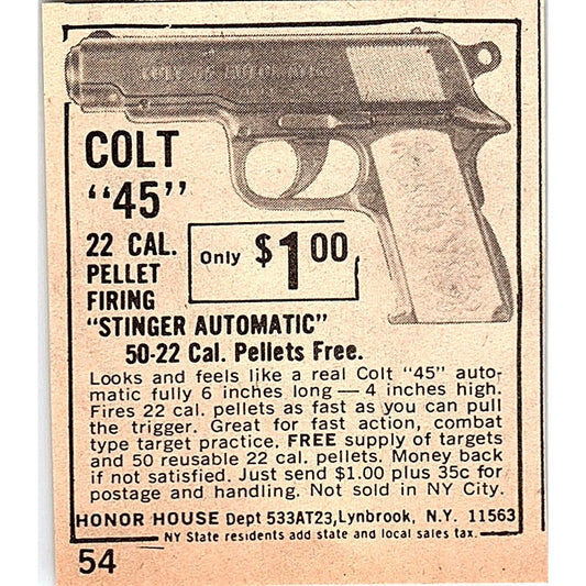 Colt Pellet Firing Stinger Automatic Honor House Lynbrook NY 1974 Ad AG1-M8