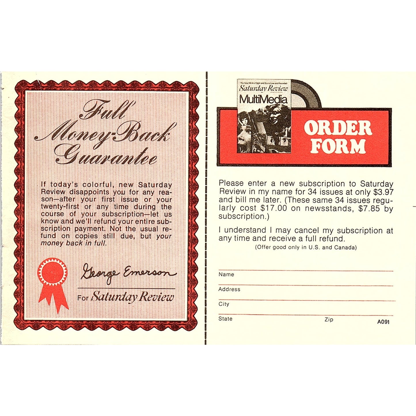Saturday Review Blank Postal Mailing Card 1972 Ad AF3-16