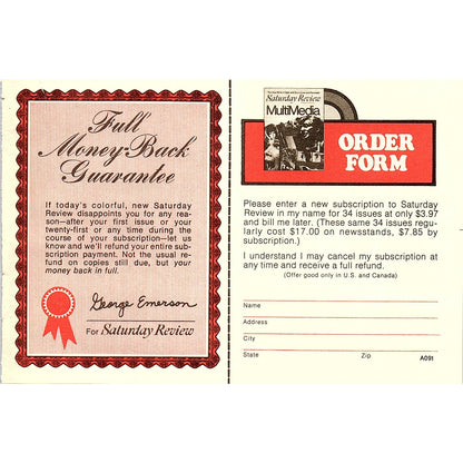 Saturday Review Blank Postal Mailing Card 1972 Ad AF3-16
