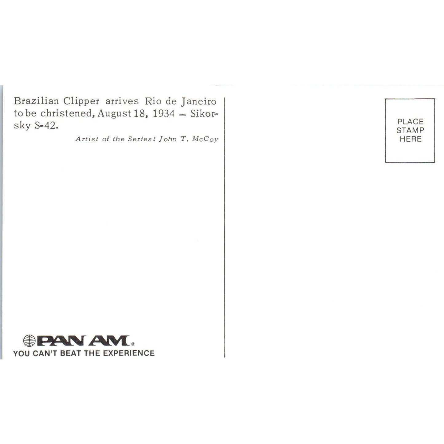 Sikorsky S-42 Pan Am Airlines Illustration Vintage Postcard TG8-PC