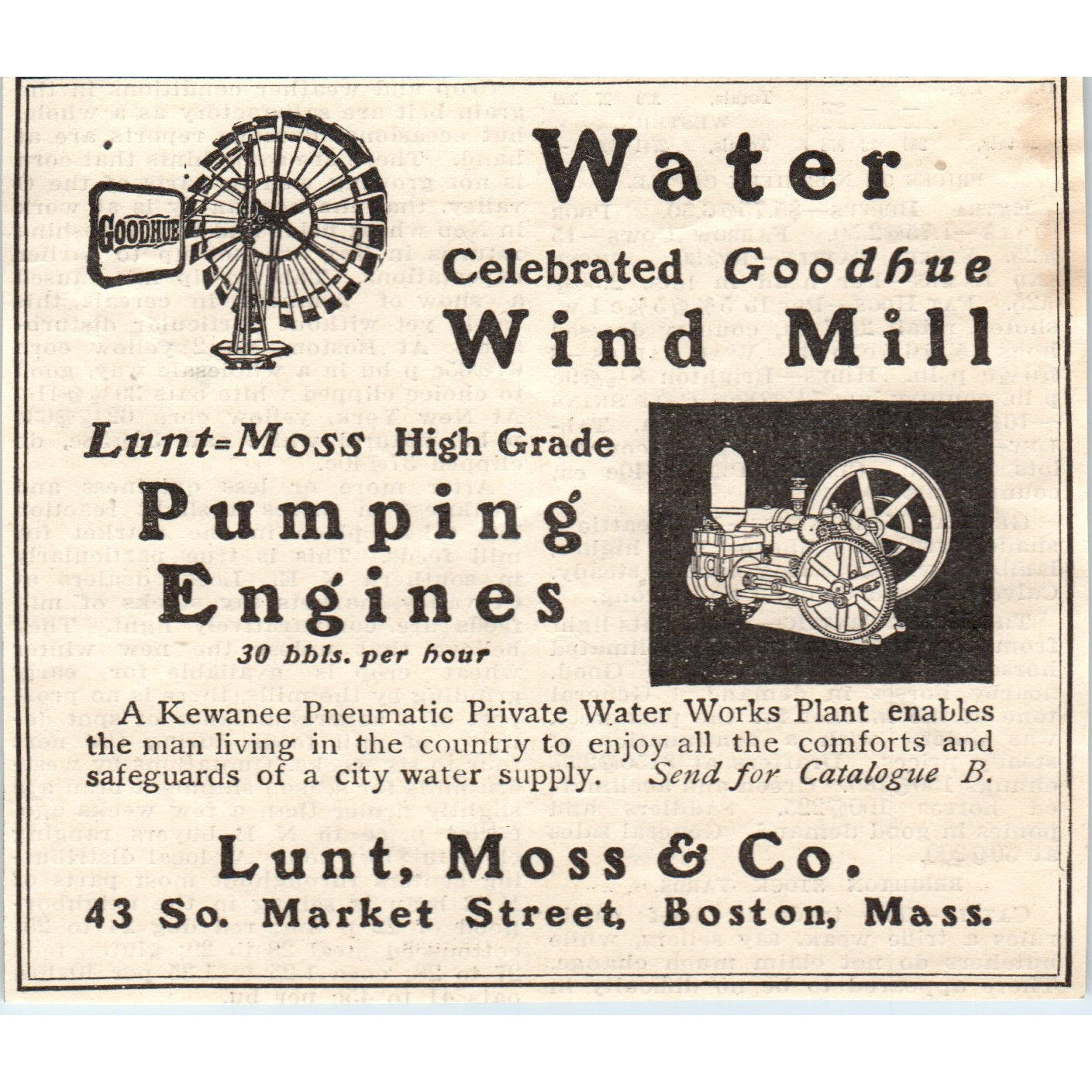 Lunt, Moss & Co Water Wind Mill Pumping Engines Boston 1905 Magazine Ad AF1-NH1