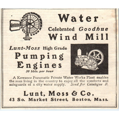 Lunt, Moss & Co Water Wind Mill Pumping Engines Boston 1905 Magazine Ad AF1-NH1