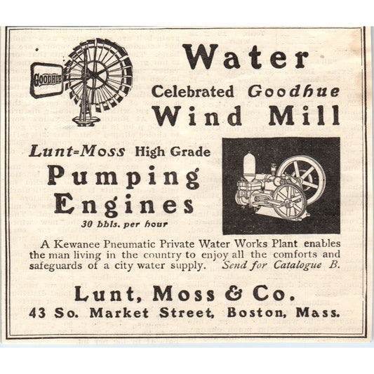 Lunt, Moss & Co Water Wind Mill Pumping Engines Boston 1905 Magazine Ad AF1-NH1