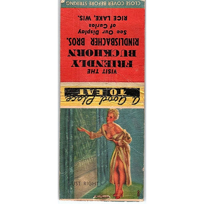 Friendly Buckhorn Rindlisbacher Bros Rice Lake WI Pinup Matchbook Cover SC7-Y11