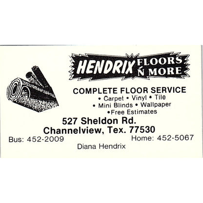 HENDRIX Floors N More Diana Hendrix Channelview TX Vintage Business Card SF3-B6